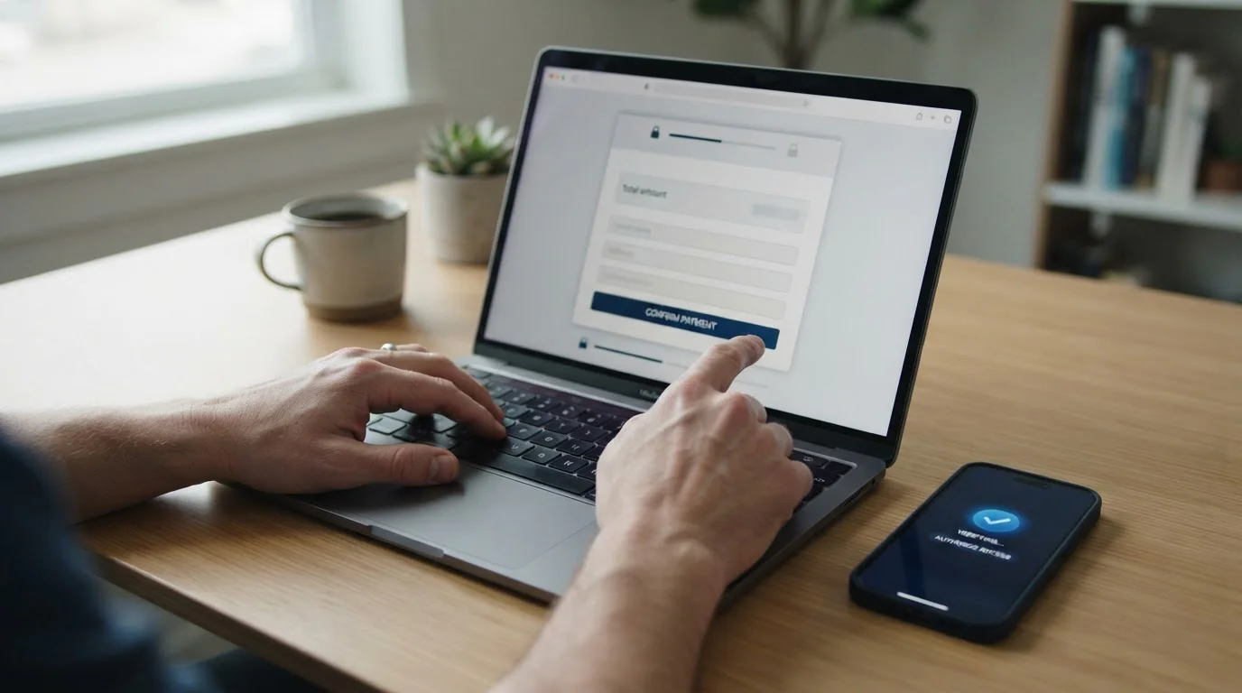 Hände bestätigen eine sichere Visa-Zahlung auf einem neutralen Laptopformular mit Smartphone daneben
