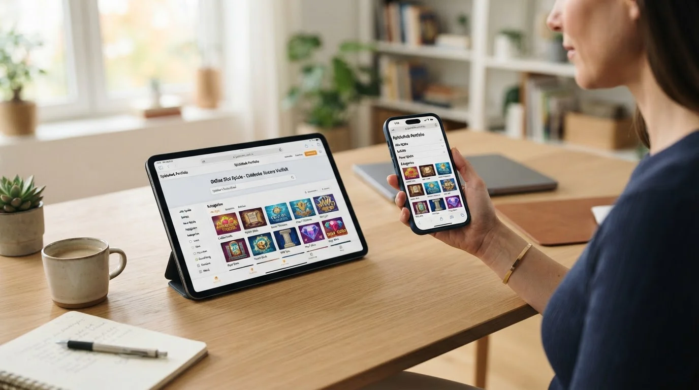 Smartphone in einer Hand, das per Browser-Bookmark eine Web-App öffnet, daneben ein Tablet mit demselben Spielportfolio, kein App-Store-Icon sichtbar