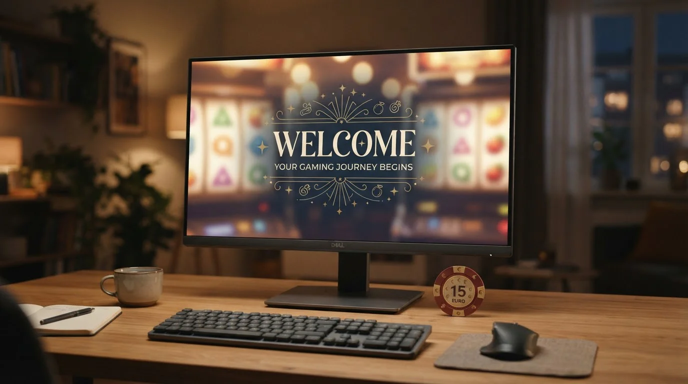 Stilisierte Willkommensbonus-Anzeige mit Spielautomaten und einem 15-Euro-Markensymbol
