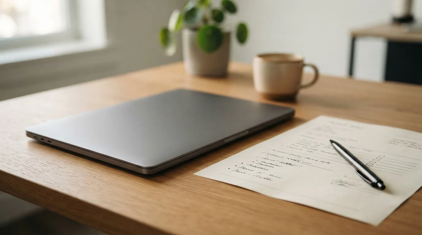 Schreibtisch mit neutralen Zahlungsbedingungen und Laptop