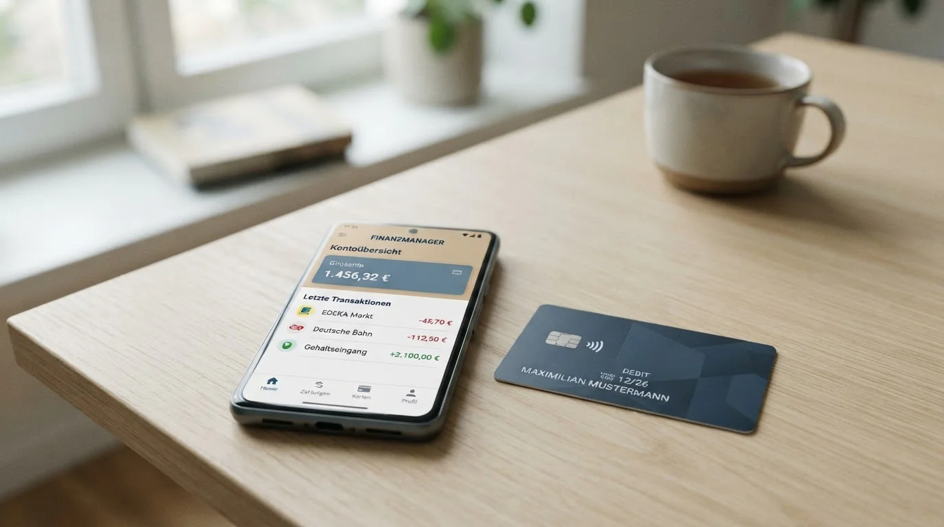 Nahaufnahme einer kontaktlosen Kreditkarte neben einem Smartphone mit Banking-App