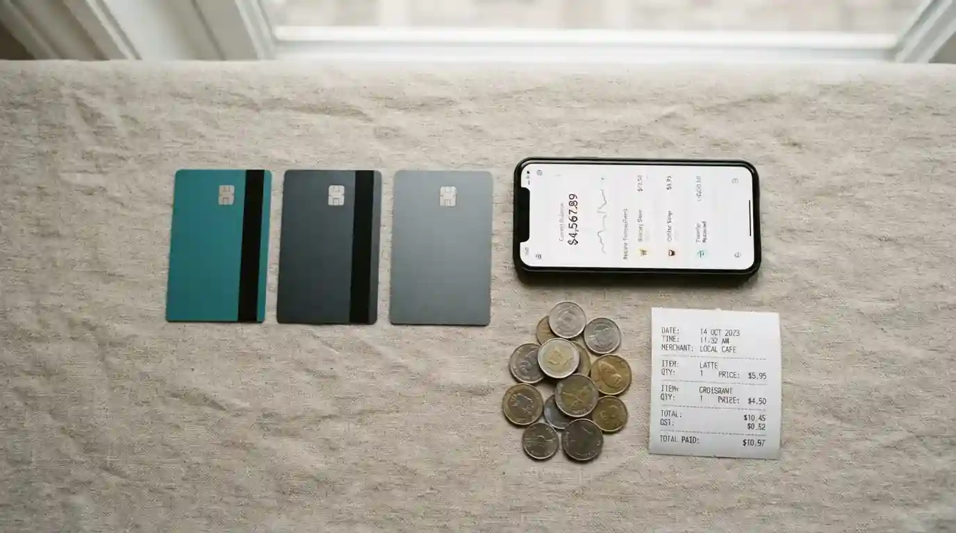Generische Zahlungskarten neben Smartphone und Beleg