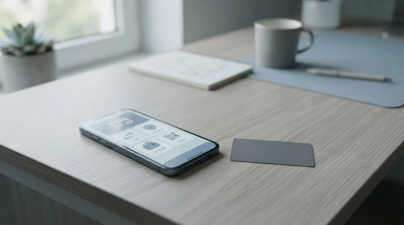 Smartphone mit Zahlungs-App-Icons und daneben liegende Bankkarte ohne echtes Logo
