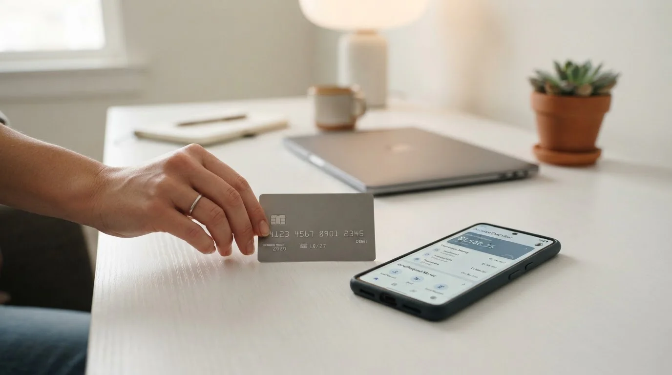 Neutrale Zahlungskarte und Smartphone mit Banking-App als Casino-Zahlungsmethode