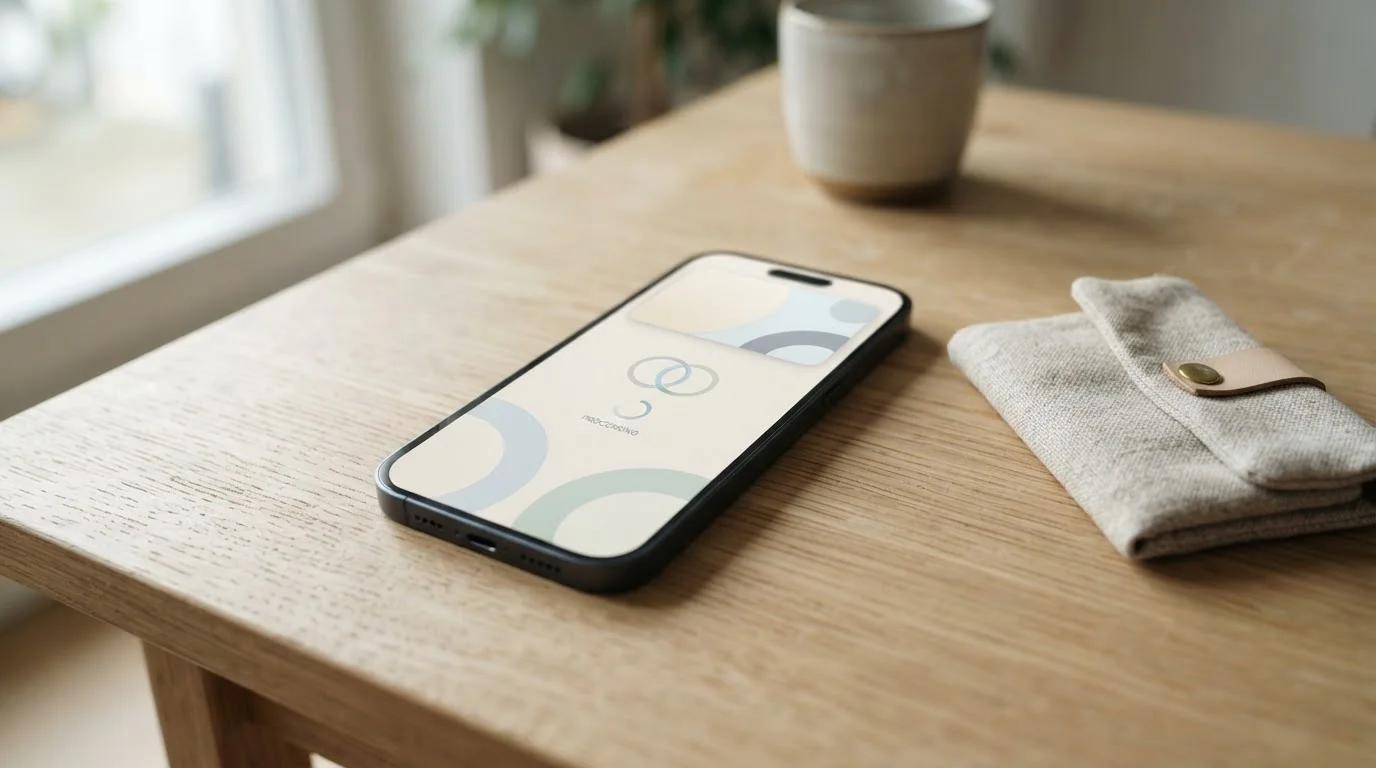 Smartphone auf Holzuntergrund, das eine neutrale Zahlungs-Interface anzeigt