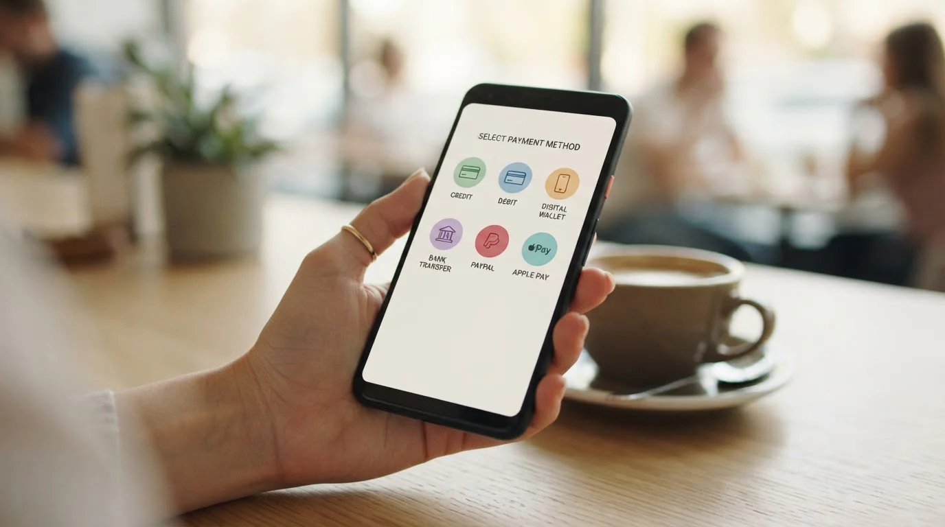 Übersichtliche Auswahl an Zahlungs-Symbolen auf einem Smartphone-Bildschirm, neutrale Banking-App-Oberfläche
