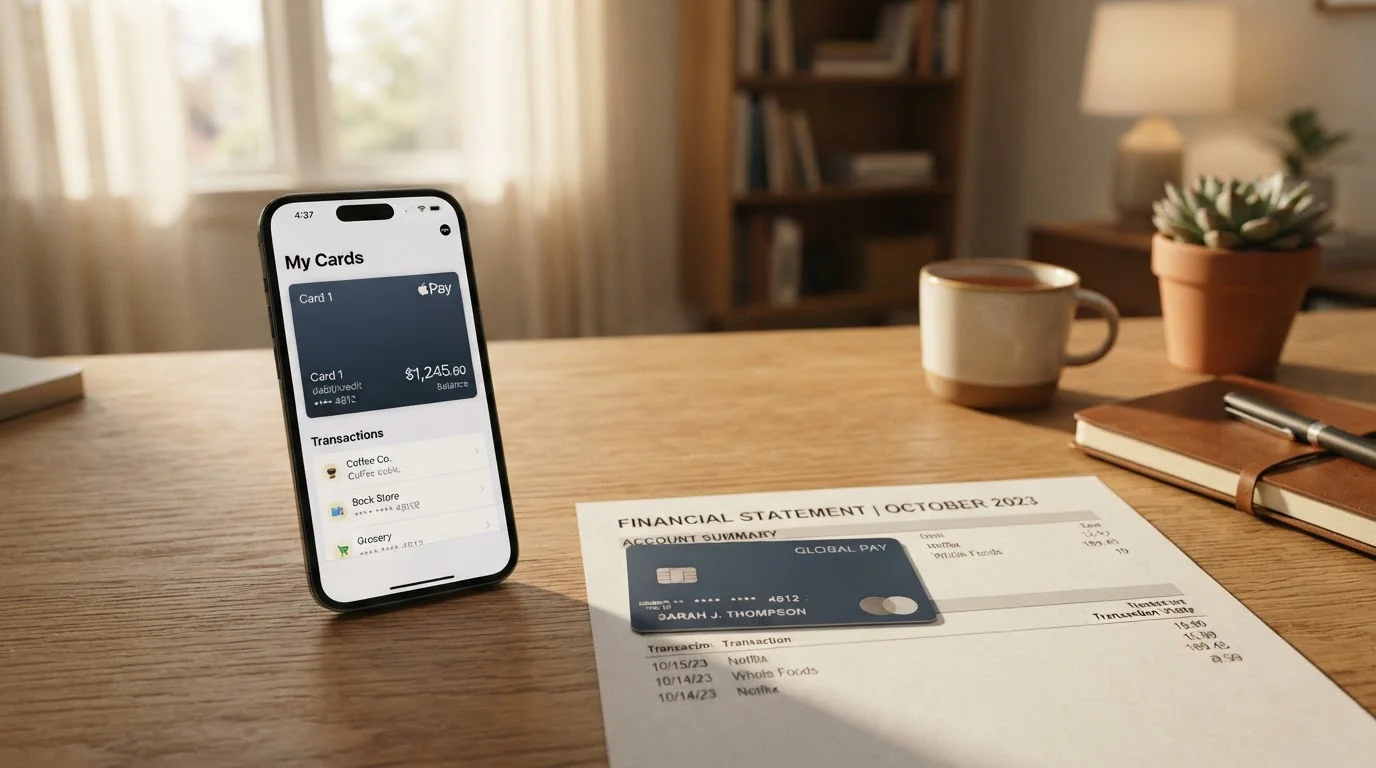 Smartphone mit Wallet-App und Bankkarte neben einem Auszug auf dem Schreibtisch