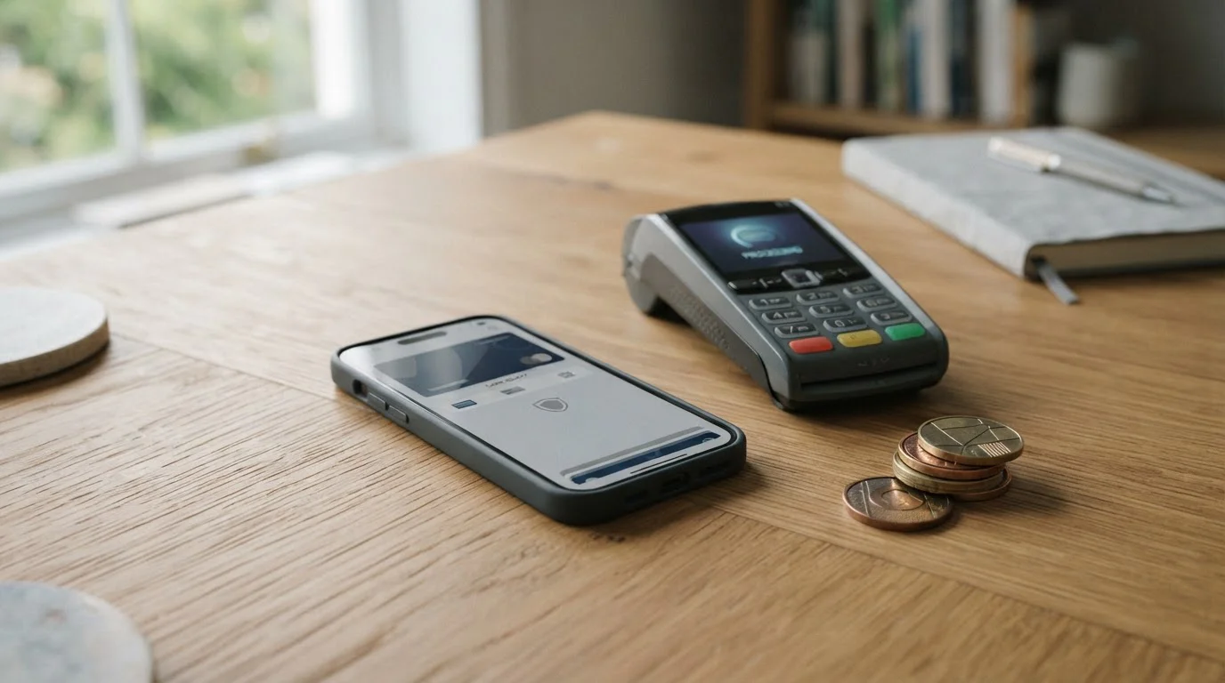 Smartphone mit Krypto-Wallet neben einem klassischen Bankkarten-Leser