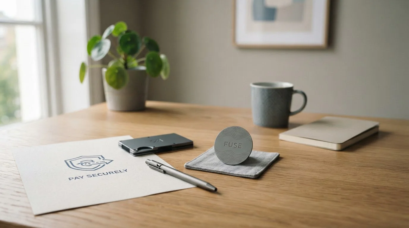 Vorausbezahlte Karte, Onlinebanking-Symbol und Geldbörsenzeichen auf einem Schreibtisch