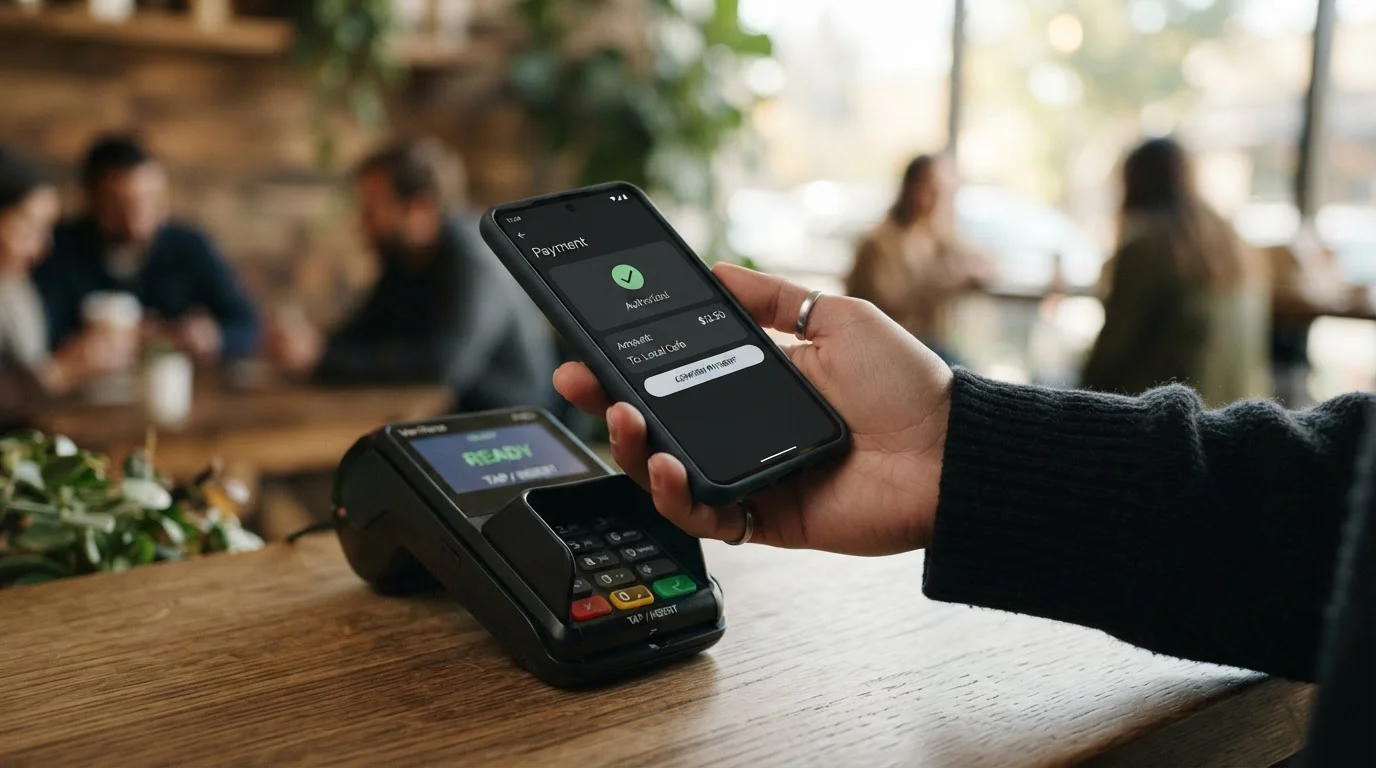 Nahaufnahme einer Hand mit Smartphone und neutraler Banking-App-Oberfläche