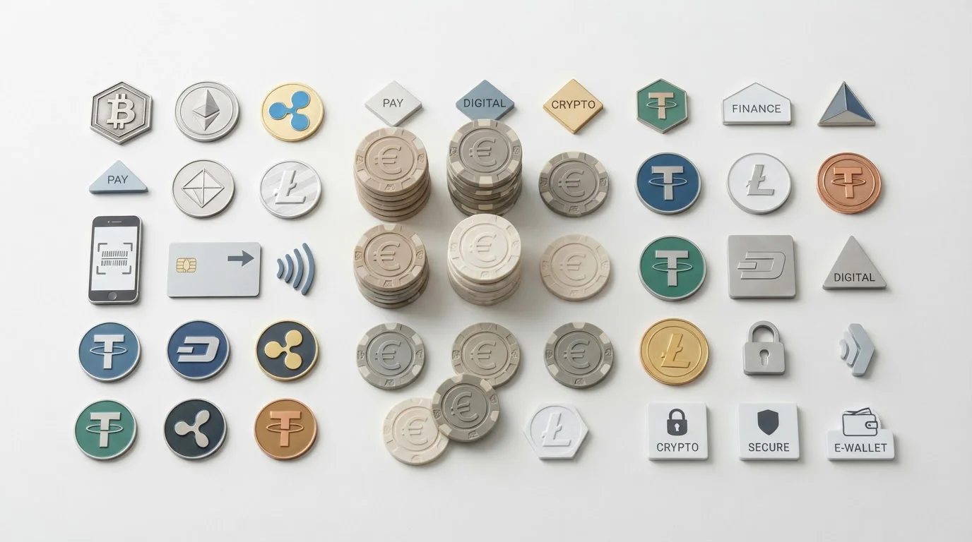 Generische Zahlungssymbole und Krypto-Chips ohne erkennbare Markennamen