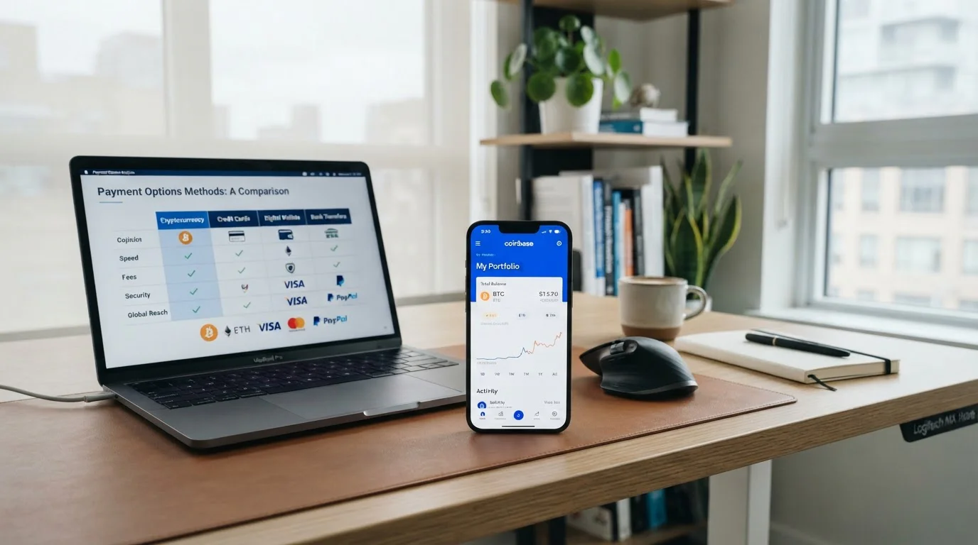 Smartphone mit Krypto-Wallet-App und Laptop mit Zahlungsvergleich