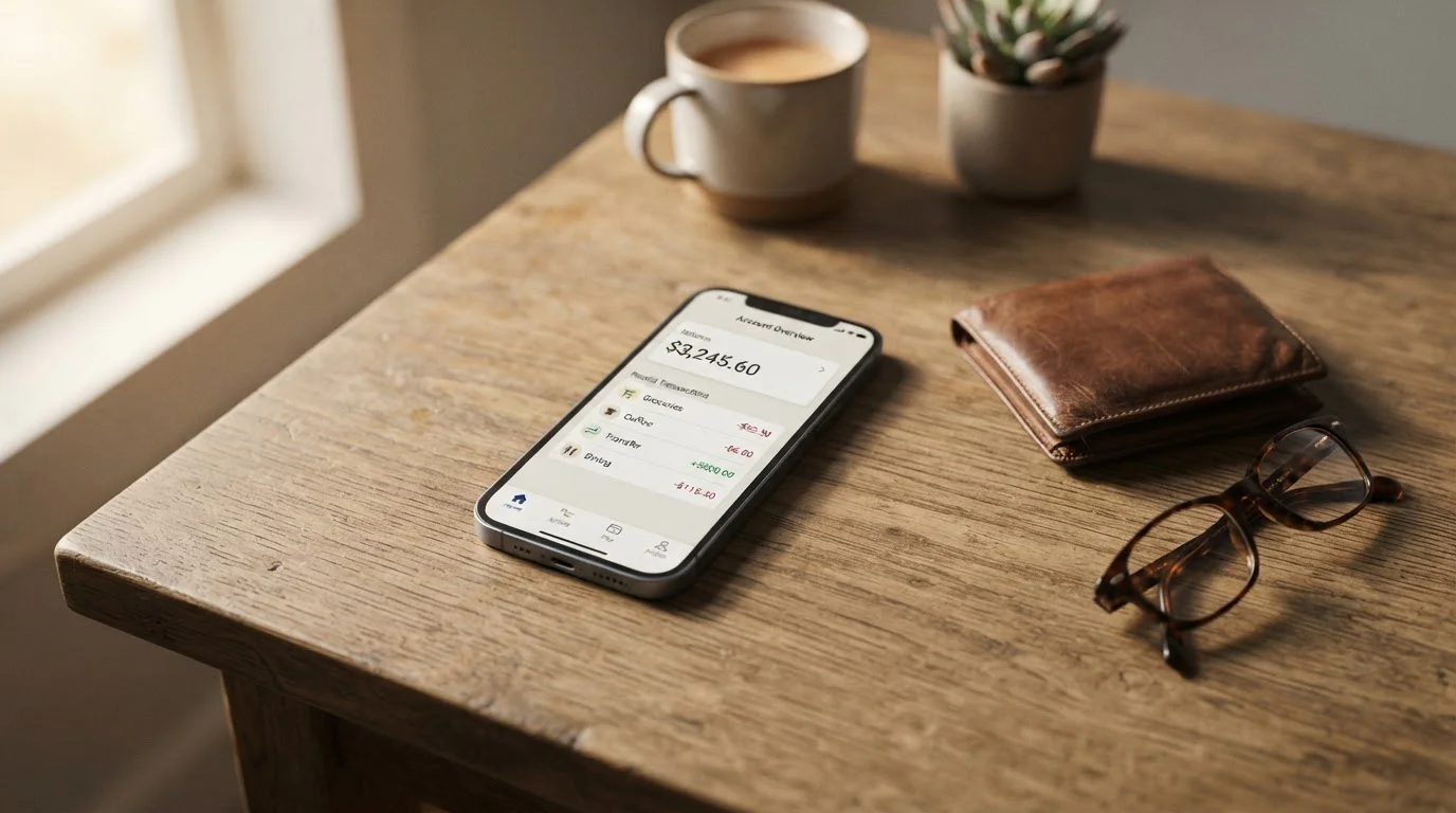 Smartphone mit neutraler Banking-App neben Geldbörse und Brille auf einem Schreibtisch