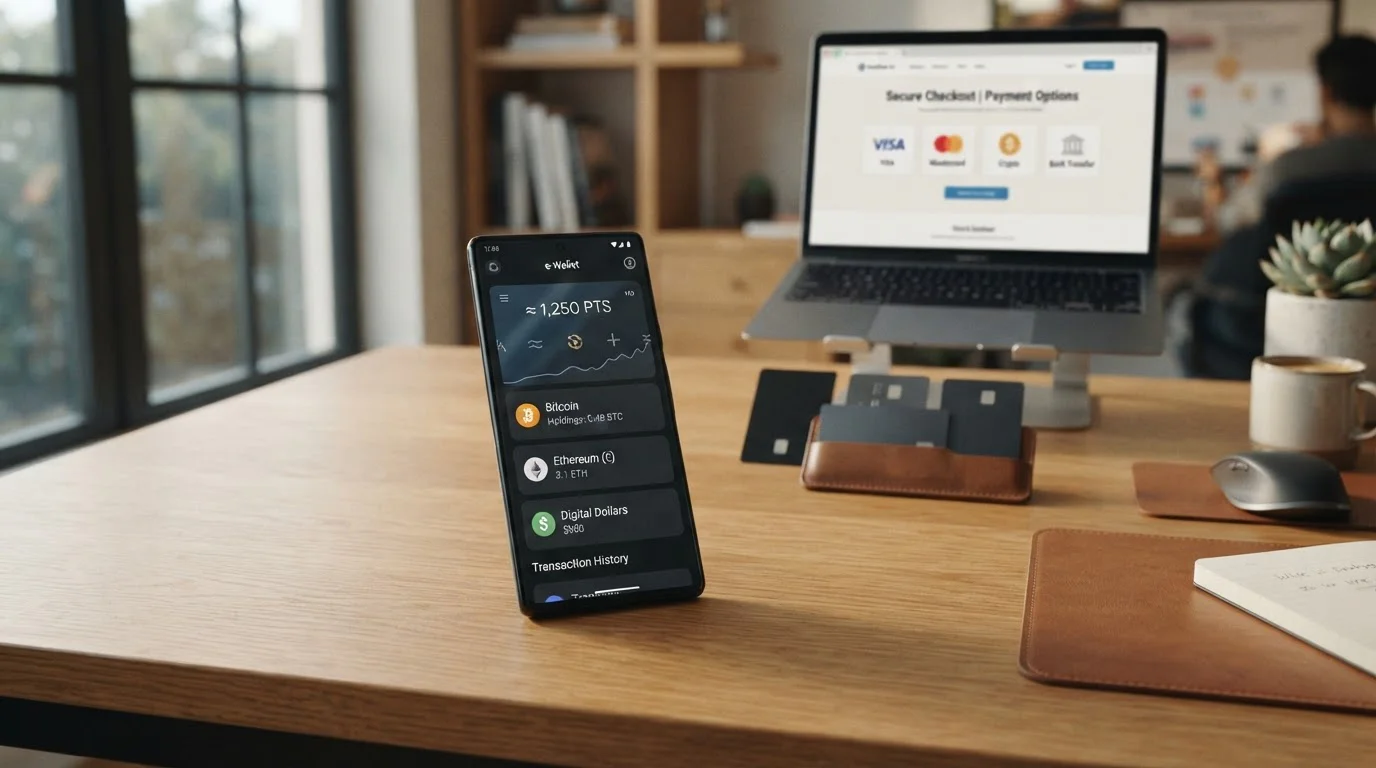 Smartphone mit geöffneter E-Geldbörse-App und Bitcoin-Symbol, Kreditkarten im Hintergrund