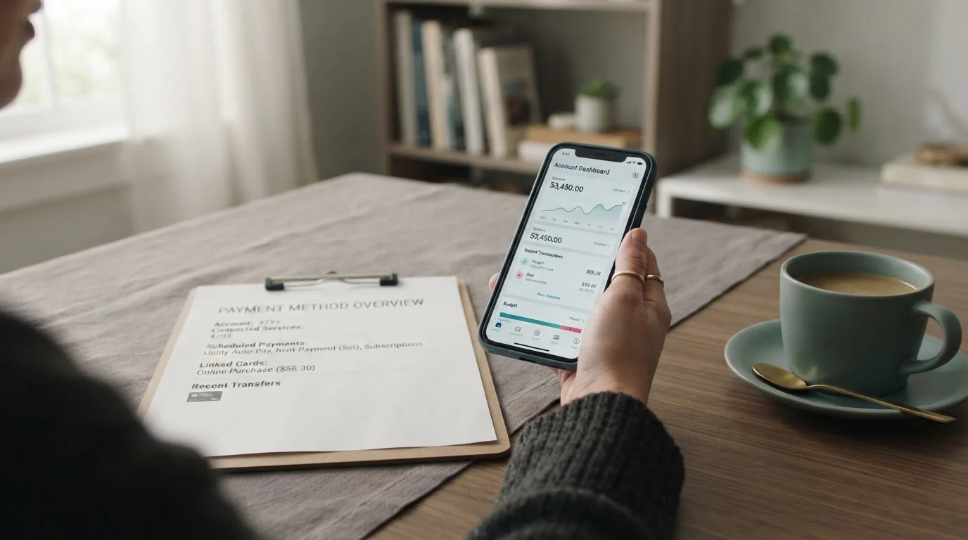 Smartphone mit Banking-App und gedruckter Zahlungsmethoden-Übersicht auf dem Schreibtisch