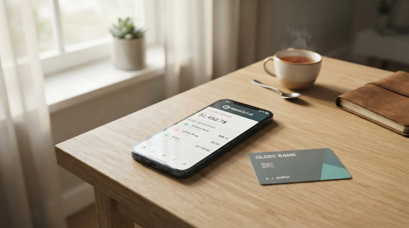 Smartphone mit Banking-App und Kreditkarte auf einer ruhigen Schreibtischoberfläche