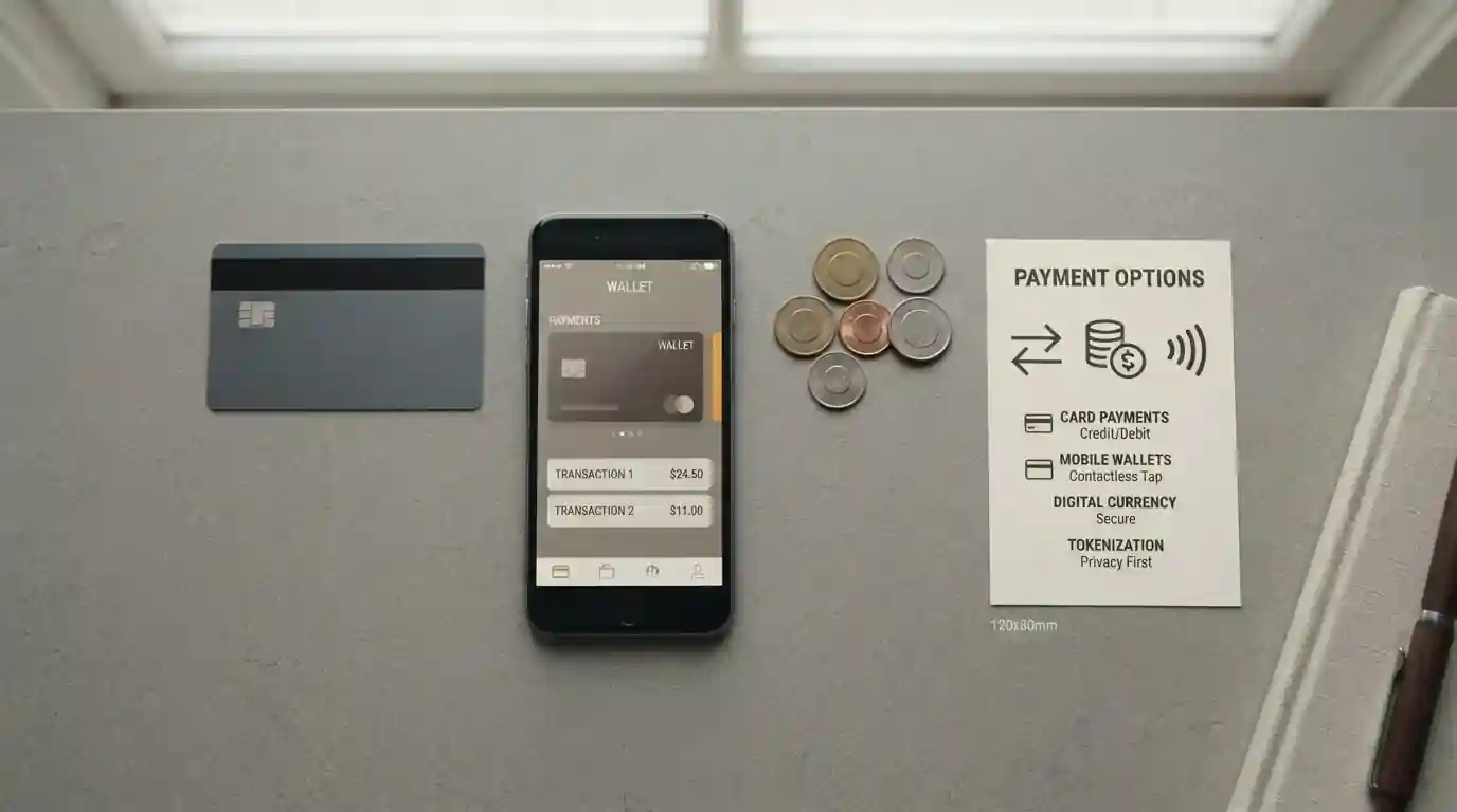 Übersicht verschiedener Zahlungsmethoden — Kreditkarte, Smartphone-Wallet, Münzen und Krypto-Symbol auf einer Pinnwand