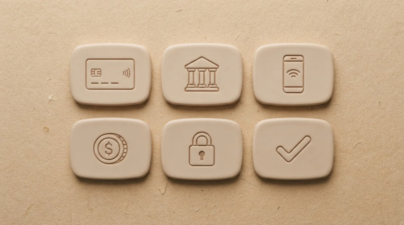 Übersicht mehrerer Zahlungs-Symbole nebeneinander auf neutralem Hintergrund ohne Logos