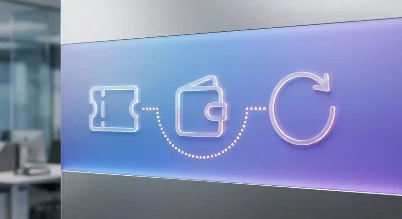 Eine Reihe abstrakter Zahlungssymbole — Guthabenkarte, elektronische Geldbörse und Überweisungspfeil — durch gepunktete Linien auf blau-violettem Verlauf verbunden