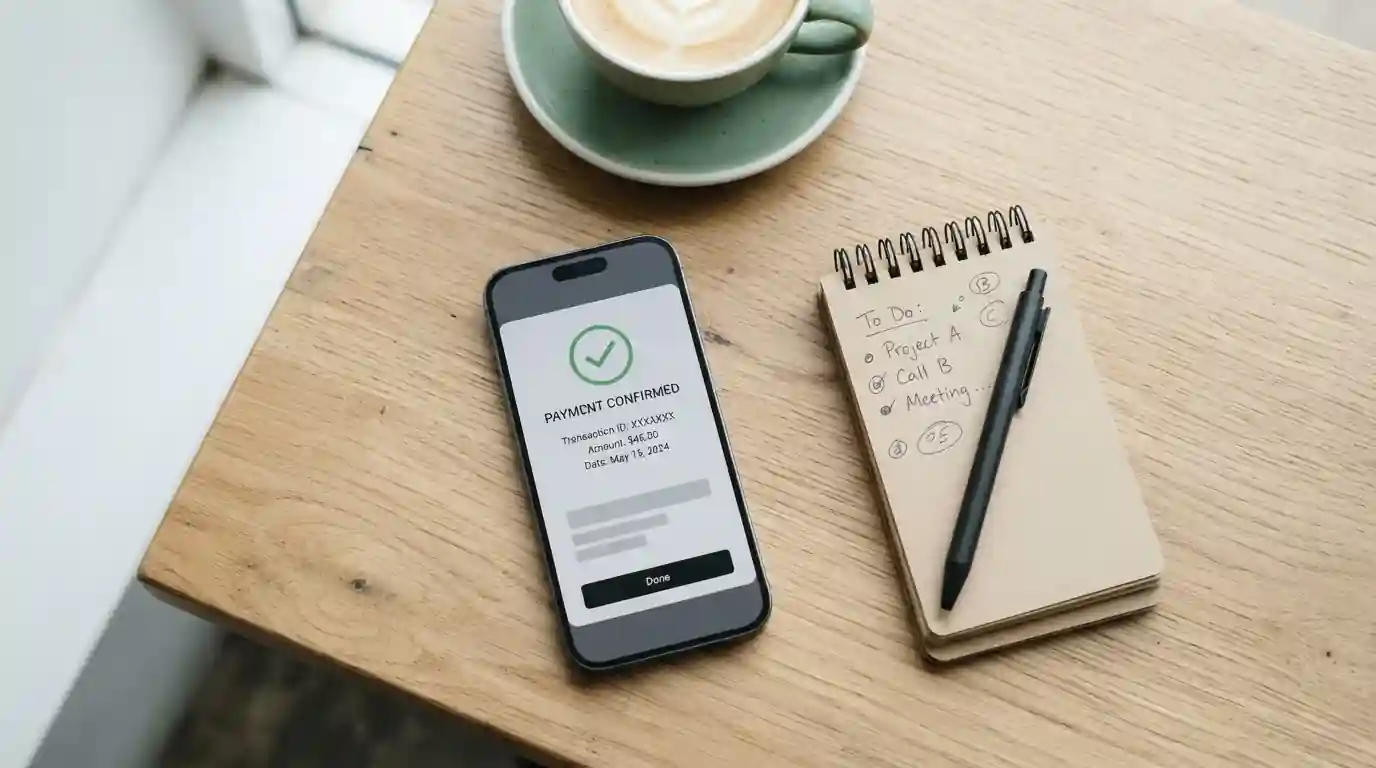 Smartphone mit neutraler Kassenoberfläche neben einem Notizblock
