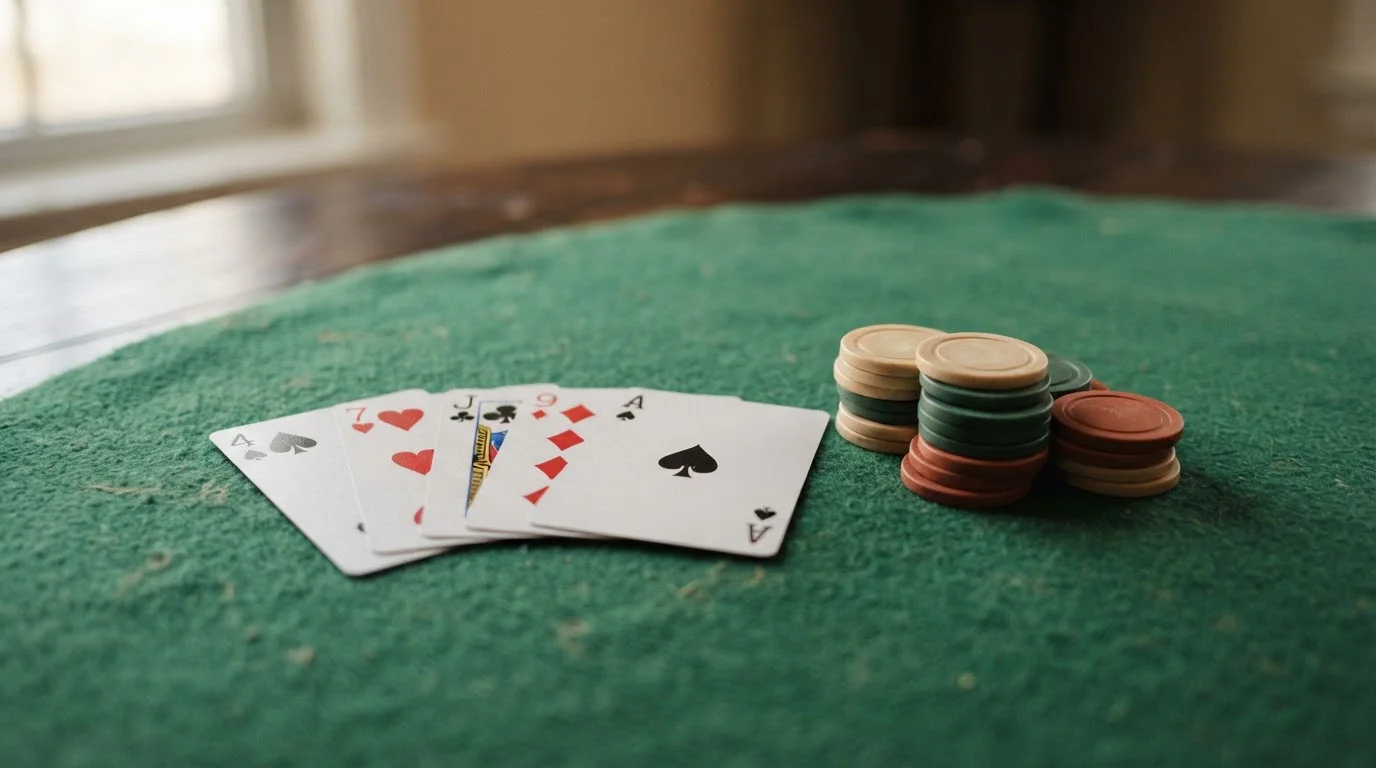 Spielkarten und Jetons auf grünem Filz in Nahaufnahme